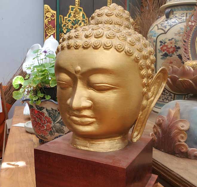 Buddha Head painted wood on wooden stand