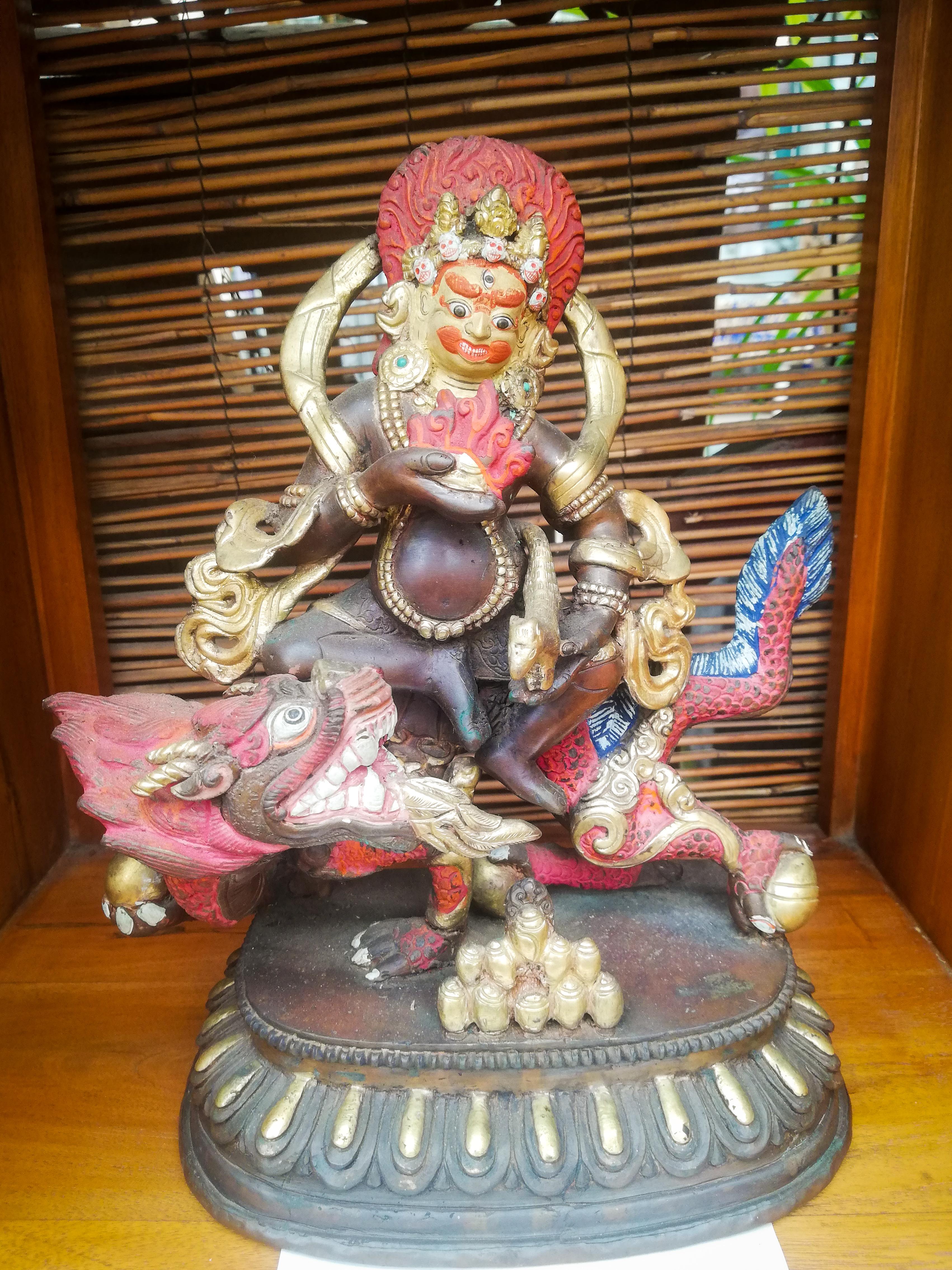 Jambhala Deity <br> Tibetan Bronze <br> God of wealth on dragon <br> $1,450