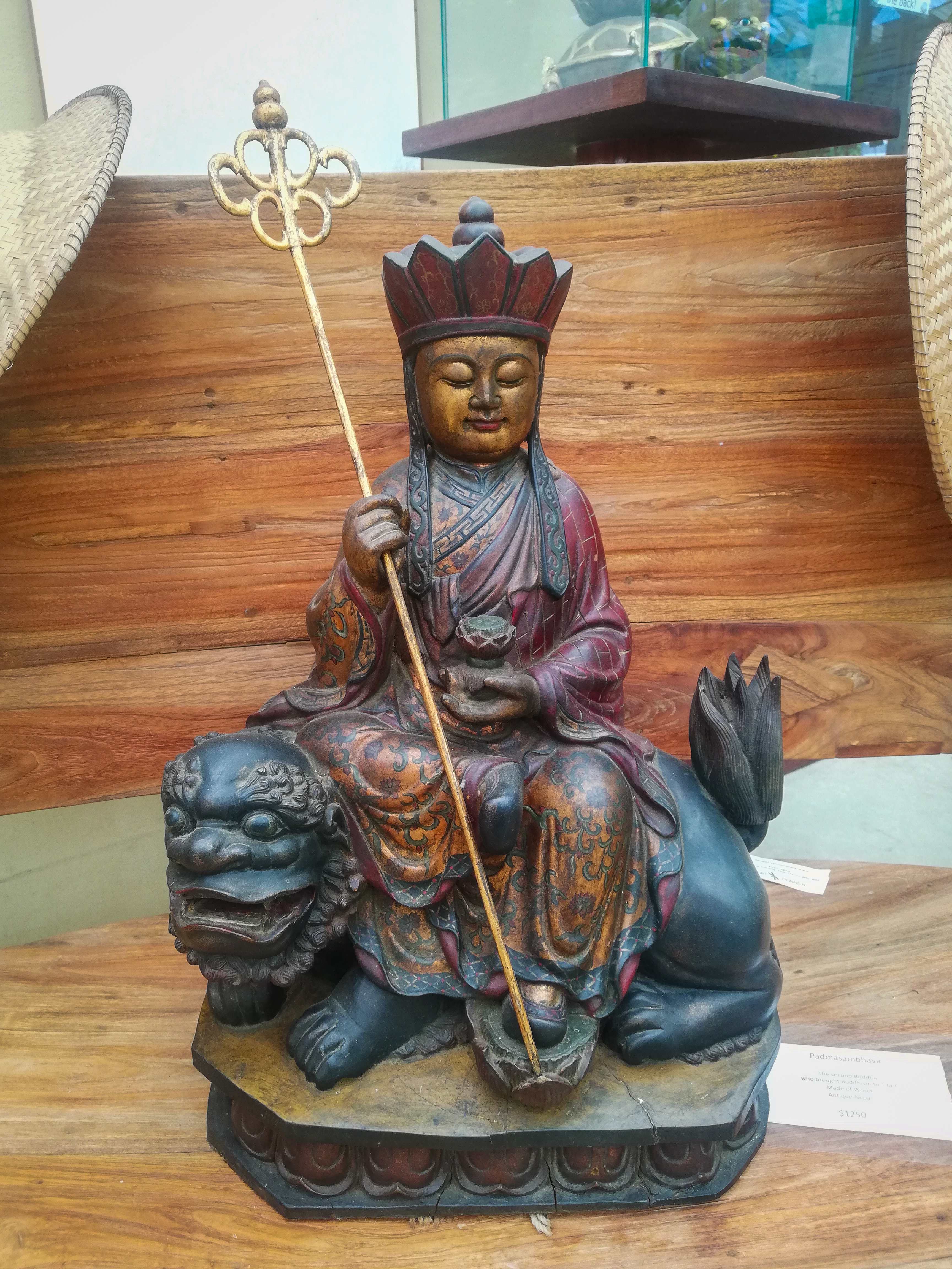 Padmasambhava <br> Brought Buddhism to Tibet <br> Made of wood <br> Antique Nepal