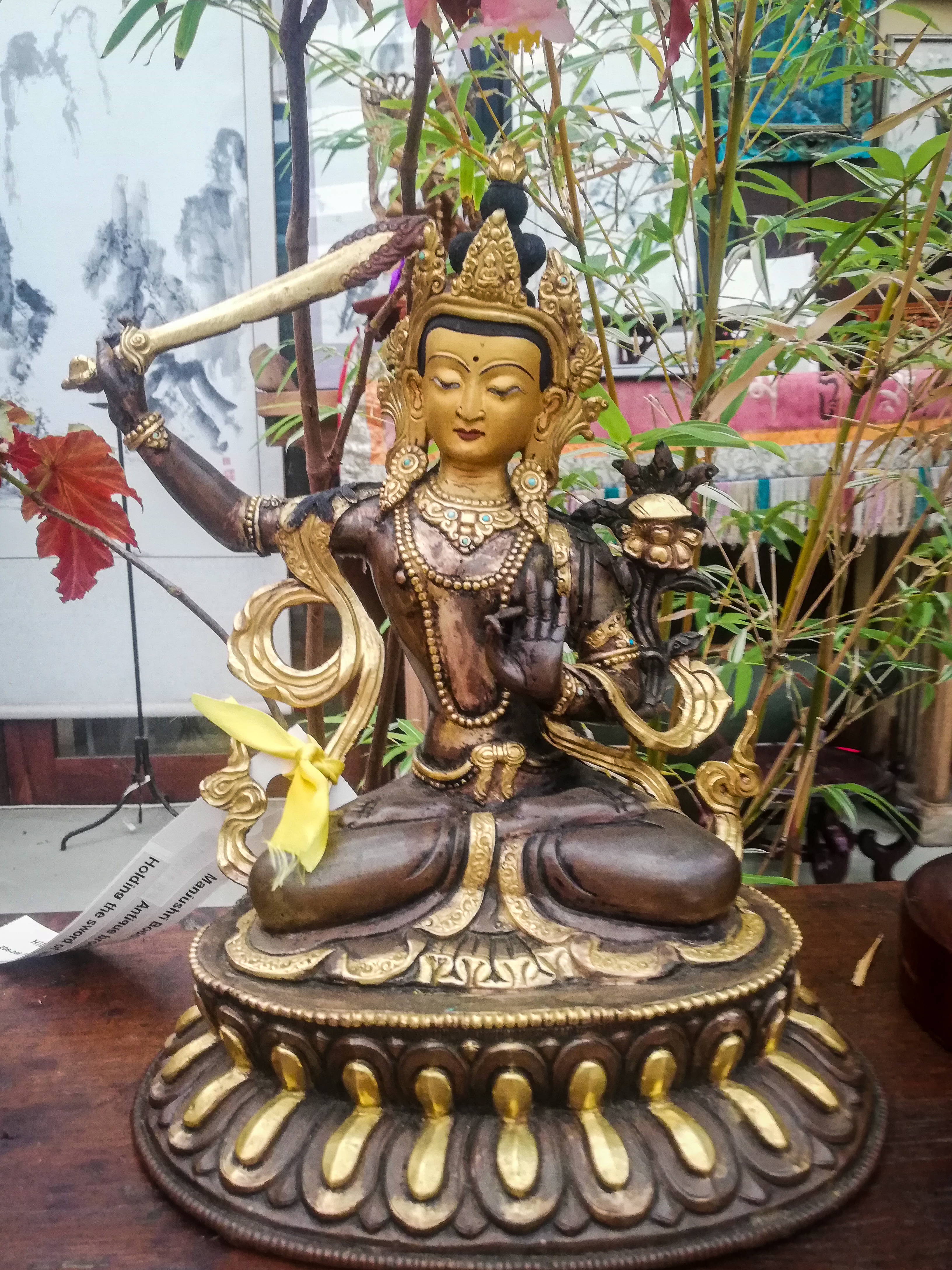 Manjushri Boddhisatva Tibetan Buddhist <br> Antique bronze from Nepal <br> Holding sword of wisdom