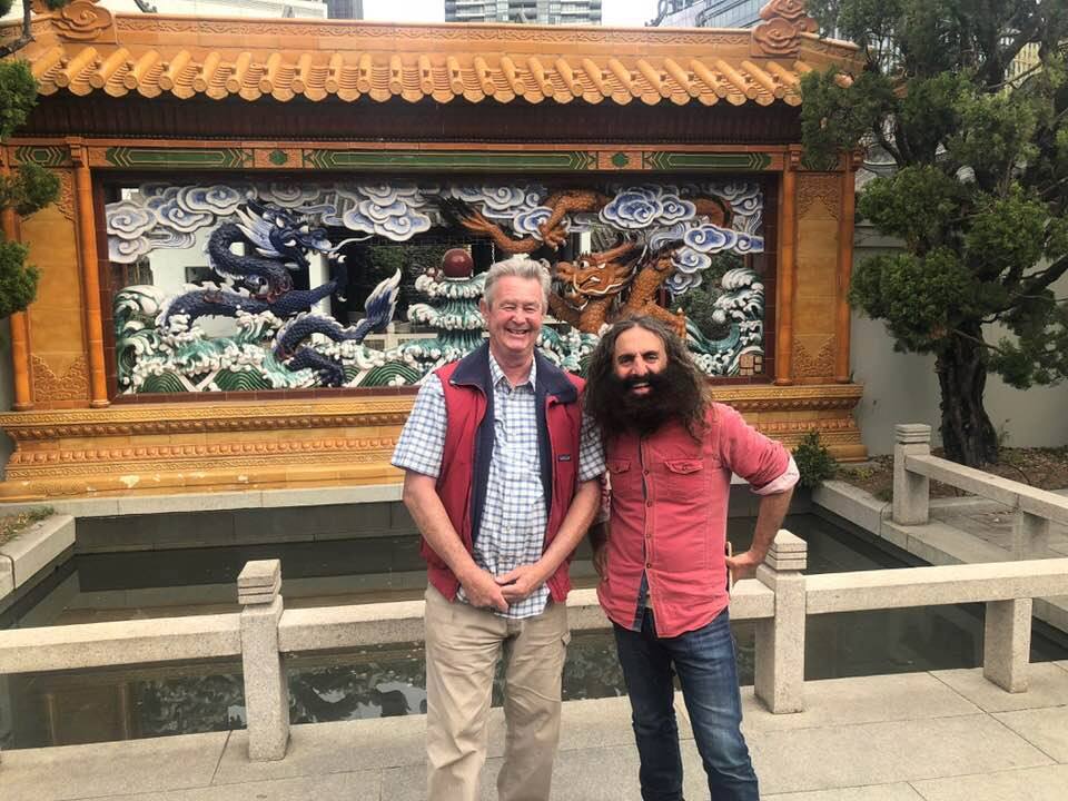 Ken Lamb and Costa Georgiadis at the Chinese Garden of Friendship in Darling Harbour, Sydney