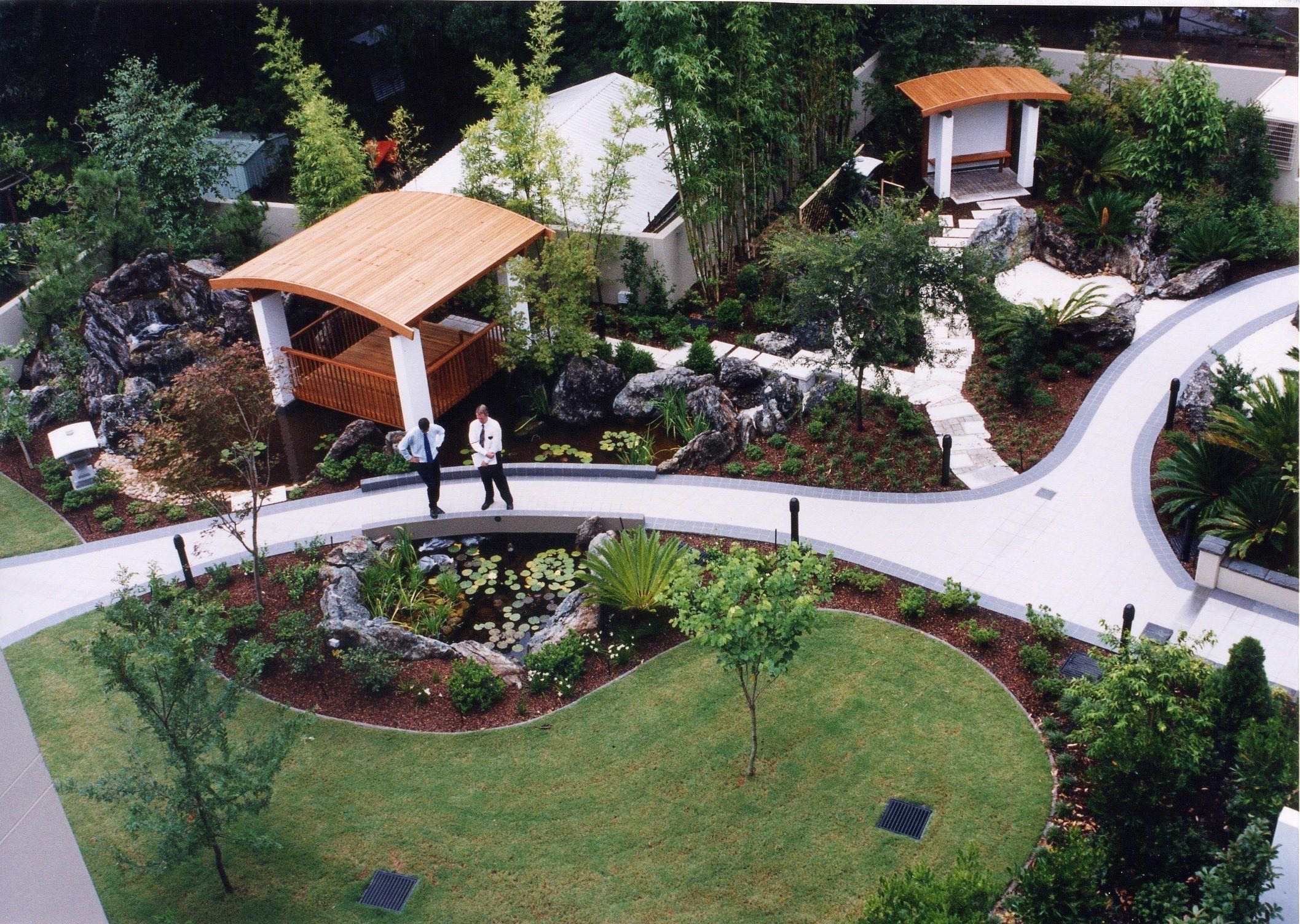 Aerial view of an Oriental garden design with pagoda and water feature in Double Bay, Sydney