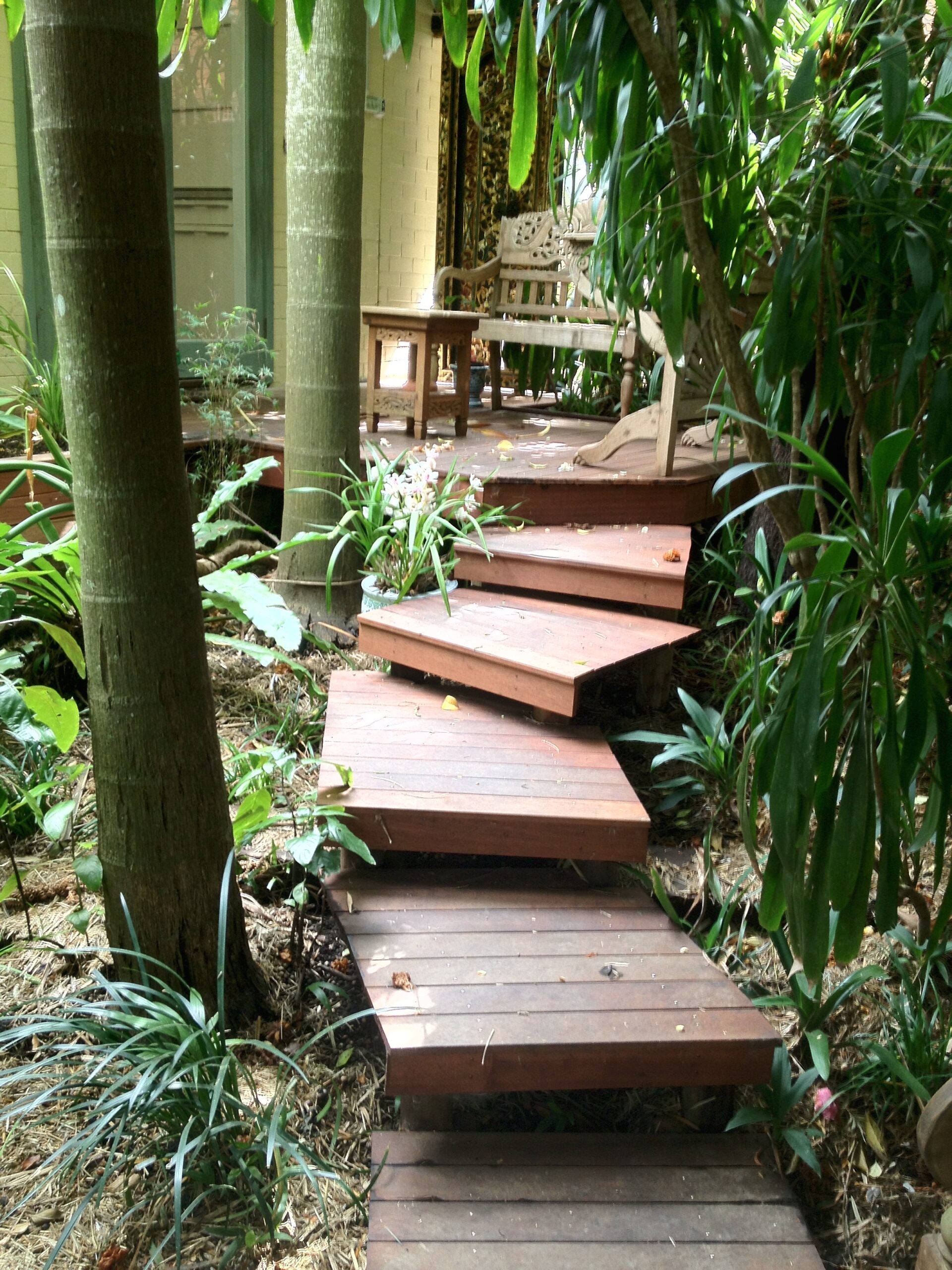 Twisting wooden walkway through a jungle style Balinese garden