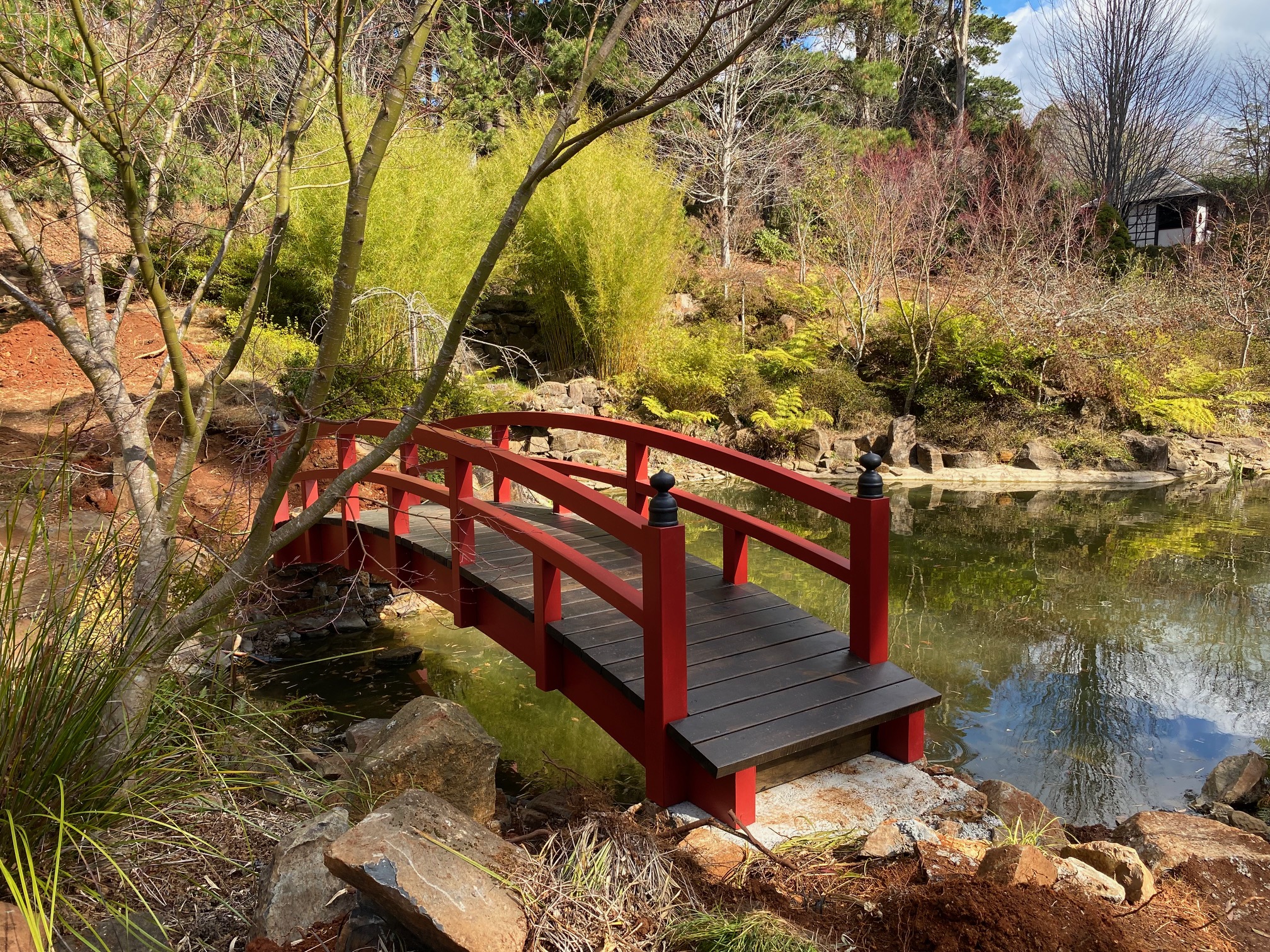 Red wooden Japanese bridge installed at Mt Wilson